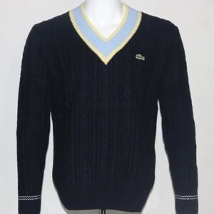 LACOSTE Unisex Classic-Fit Cable-Knit V-Neck Sweater Blue Size Large L NWT
